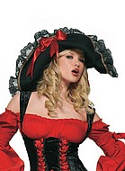 Kvinnlig piratkapten, maskeradhatt med spetskant och stor rosett