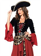 Kvinnlig piratkapten, maskeradklänning med snörning, döskallar, sammet och epaulet