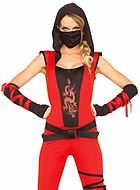 Kvinnlig ninja (aka kunoichi), maskerad-jumpsuit med huva, drake