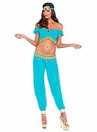 Prinsessan Jasmine från Aladdin, maskeraddräkt med topp och byxor, öppna axlar och strass
