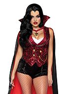 Vampyr, maskeraddräkt med topp och shorts i brokad med sammet, cape och stående krage