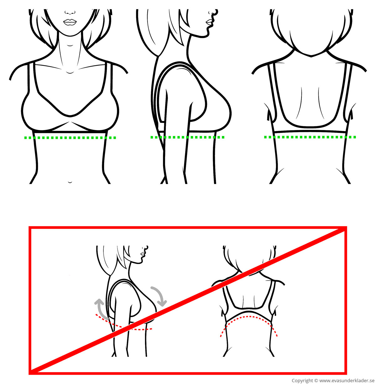 Hur ryggband ska sitta (övre bildraden) och inte ska sitta på kroppen (nedre bildraden).