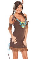 Pocahontas, maskeradklänning med fransar, snörning och pärlor