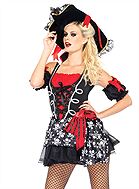Kvinnlig piratkapten, maskeradklänning med snörning, döskallar och stor rosett