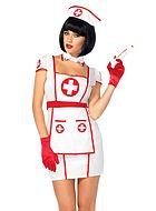 Sjuksköterska, maskeradklänning med keps-ärmar, krage, förkläde och stor rosett