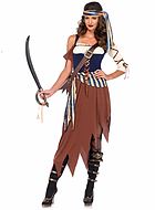Kvinnlig pirat, maskeradklänning med cold shoulder, snörning, revor och midjeband