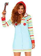 Kvinnlig Chucky från Den onda dockan, maskeradklänning med knappar och dragkedja på framsidan, horisontella ränder