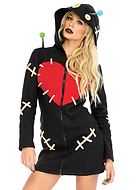 Voodoo-docka, maskeradklänning med dragkedja på framsidan, hjärta, stygn och knappar