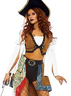 Kvinnlig piratkapten, maskeraddräkt med topp och kjol i konstmocka med bohemärmar och öglor