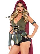 Kvinnlig Robin Hood, maskeraddräkt med topp och shorts, sammet, bälte och huva