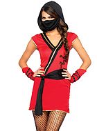 Kvinnlig ninja (aka kunoichi), maskeradklänning med huva och midjeband, drake