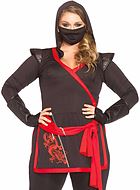 Kvinnlig ninja (aka kunoichi), maskeraddräkt med topp och byxor, huva och midjeband, drake, plus size