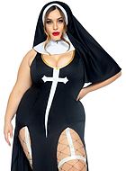 Nunna, maskeradklänning med hög slits och inbyggda strumpebandshängslen, kristet kors, plus size